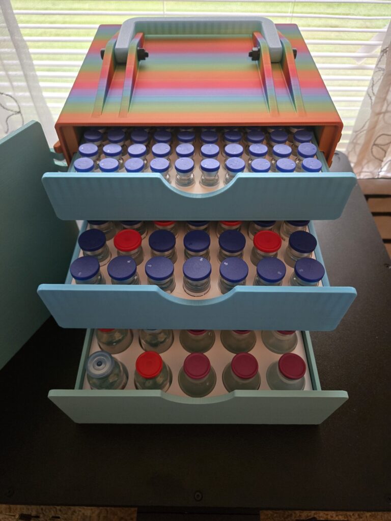 Peptide Storage Box with 3 Drawers and Lockable Door | 100 3ml, 49 5/10ml & 25 BAC Water | Removable Inserts | Vial Organizer with Handle